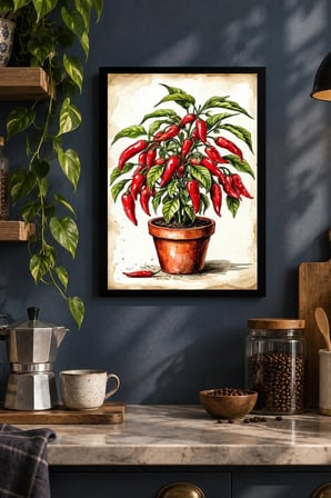 Saksıda Kırmızı Meyve Salkımları Desenli Dekoratif MDF Tablo, Çerçeve Görünümlü Ahşap Poster