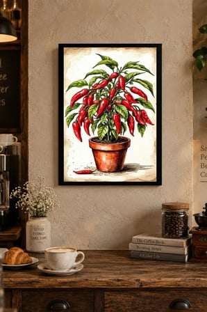 Saksıda Kırmızı Meyve Salkımları Desenli Dekoratif MDF Tablo, Çerçeve Görünümlü Ahşap Poster