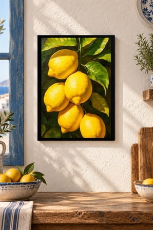 Sarı Meyveler ve Yapraklar Desenli Dekoratif MDF Tablo, Çerçeve Görünümlü Ahşap Poster