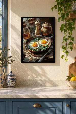 Tavada Yumurtalı Kahvaltı Desenli Dekoratif MDF Tablo, Çerçeve Görünümlü Ahşap Poster
