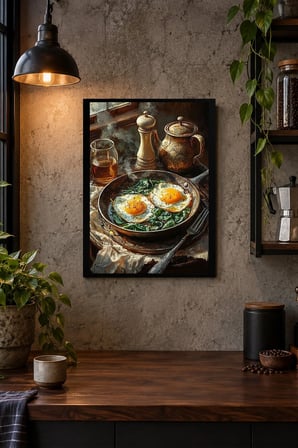 Tavada Yumurtalı Kahvaltı Desenli Dekoratif MDF Tablo, Çerçeve Görünümlü Ahşap Poster