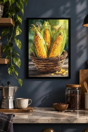 Sarı Koçanlar ve Sepet Desenli Dekoratif MDF Tablo, Çerçeve Görünümlü Ahşap Poster