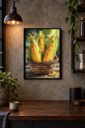 Sarı Koçanlar ve Sepet Desenli Dekoratif MDF Tablo, Çerçeve Görünümlü Ahşap Poster