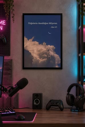 Ay Işığında Bulutlar ve Alıntı Desenli Dekoratif MDF Tablo, Çerçeve Görünümlü Ahşap Poster