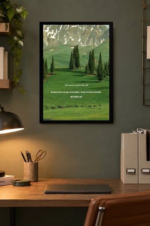 Yeşil Dağ Manzarası ve Ağaçlar Desenli Dekoratif MDF Tablo, Çerçeve Görünümlü Ahşap Poster