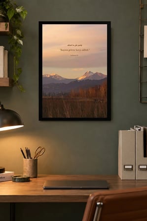 Gün Batımı Dağ Manzarası Desenli Dekoratif MDF Tablo, Çerçeve Görünümlü Ahşap Poster