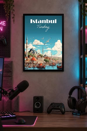 Cami ve Su Kenarı Şehir Manzarası Desenli Dekoratif MDF Tablo, Çerçeve Görünümlü Ahşap Poster