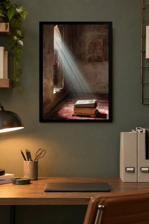 Işık Hüzmeli Kitaplı İç Mekân Desenli Dekoratif MDF Tablo, Çerçeve Görünümlü Ahşap Poster