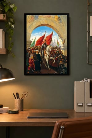 Kırmızı Bayraklı Kalabalık Figürler Desenli Dekoratif MDF Tablo, Çerçeve Görünümlü Ahşap Poster