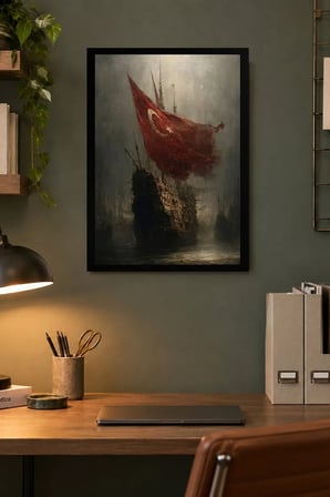 Kırmızı Bayraklı Koyu Sahne Desenli Dekoratif MDF Tablo, Çerçeve Görünümlü Ahşap Poster