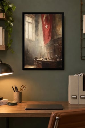Kırmızı Bayraklı Tarihî İç Mekân Desenli Dekoratif MDF Tablo, Çerçeve Görünümlü Ahşap Poster