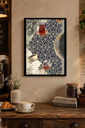 Çini Deseni ve Çay Kolajı Desenli Dekoratif MDF Tablo, Çerçeve Görünümlü Ahşap Poster