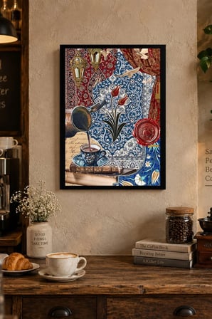 Mavi Çini ve Çiçek Kolajı Desenli Dekoratif MDF Tablo, Çerçeve Görünümlü Ahşap Poster