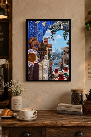 Mavi Çini ve Su Kenarı Kolajı Desenli Dekoratif MDF Tablo, Çerçeve Görünümlü Ahşap Poster