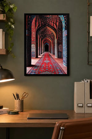 Kırmızı Çinili Kemer Desenli Dekoratif MDF Tablo, Çerçeve Görünümlü Ahşap Poster