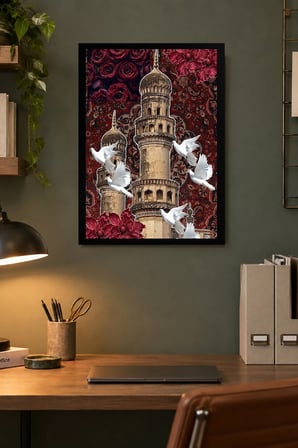 Minare ve Beyaz Kuşlar Desenli Dekoratif MDF Tablo, Çerçeve Görünümlü Ahşap Poster