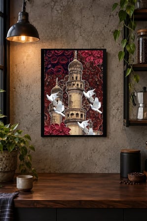Minare ve Beyaz Kuşlar Desenli Dekoratif MDF Tablo, Çerçeve Görünümlü Ahşap Poster