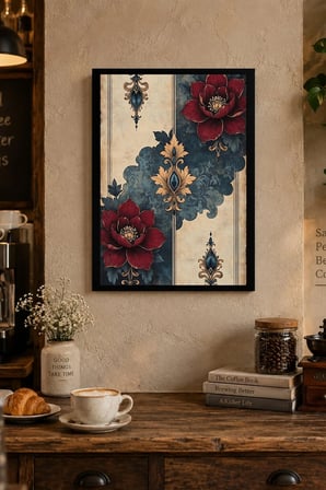 Kırmızı Çiçekli Geometrik Desen Desenli Dekoratif MDF Tablo, Çerçeve Görünümlü Ahşap Poster