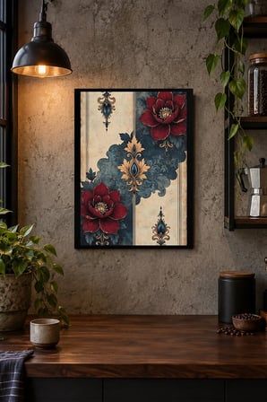 Kırmızı Çiçekli Geometrik Desen Desenli Dekoratif MDF Tablo, Çerçeve Görünümlü Ahşap Poster