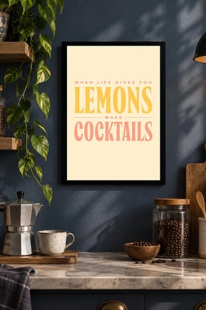 Limon ve Kokteyl Tipografisi Desenli Dekoratif MDF Tablo, Çerçeve Görünümlü Ahşap Poster