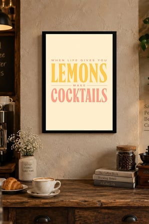 Limon ve Kokteyl Tipografisi Desenli Dekoratif MDF Tablo, Çerçeve Görünümlü Ahşap Poster