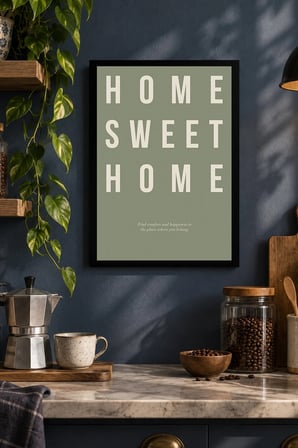 Ev Yazılı Minimal Tipografi Desenli Dekoratif MDF Tablo, Çerçeve Görünümlü Ahşap Poster