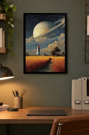 Halkalı Gezegen ve Roket Desenli Dekoratif MDF Tablo, Çerçeve Görünümlü Ahşap Poster