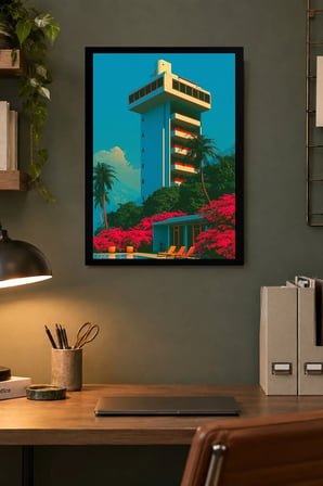Renkli Tropik Bina Desenli Dekoratif MDF Tablo, Çerçeve Görünümlü Ahşap Poster