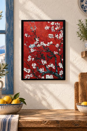 Beyaz Çiçekli Kırmızı Dal Desenli Dekoratif MDF Tablo, Çerçeve Görünümlü Ahşap Poster