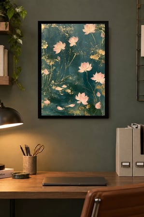 Pembe Çiçekli Turkuaz Zemin Desenli Dekoratif MDF Tablo, Çerçeve Görünümlü Ahşap Poster