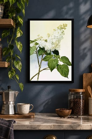 Beyaz Çiçekli Botanik Dal Desenli Dekoratif MDF Tablo, Çerçeve Görünümlü Ahşap Poster