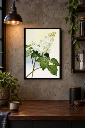Beyaz Çiçekli Botanik Dal Desenli Dekoratif MDF Tablo, Çerçeve Görünümlü Ahşap Poster