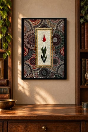 Merkezî Kırmızı Çiçek ve Desenli Bordür Desenli Dekoratif MDF Tablo, Çerçeve Görünümlü Ahşap Poster