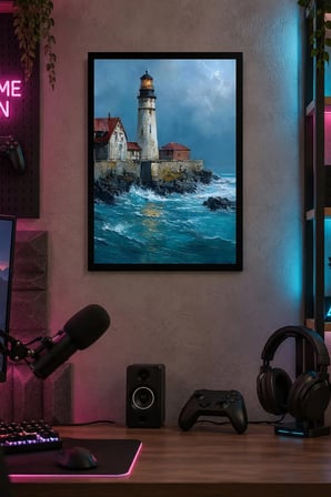 Kayalık Kıyıda Deniz Feneri Desenli Dekoratif MDF Tablo, Çerçeve Görünümlü Ahşap Poster