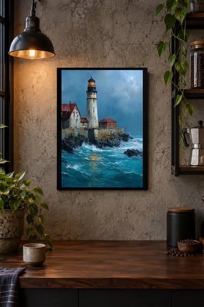 Kayalık Kıyıda Deniz Feneri Desenli Dekoratif MDF Tablo, Çerçeve Görünümlü Ahşap Poster