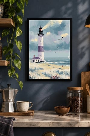 Kumsalda Deniz Feneri Desenli Dekoratif MDF Tablo, Çerçeve Görünümlü Ahşap Poster