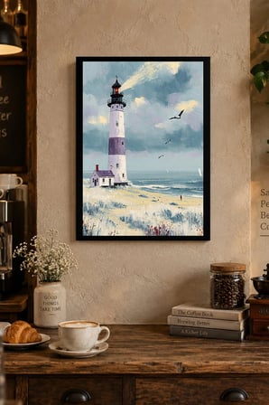 Kumsalda Deniz Feneri Desenli Dekoratif MDF Tablo, Çerçeve Görünümlü Ahşap Poster