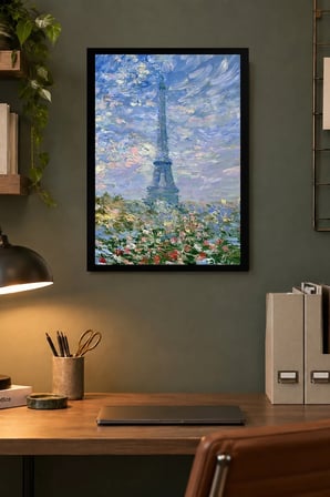 Kule ve Pastel Bahçe Manzarası Desenli Dekoratif MDF Tablo, Çerçeve Görünümlü Ahşap Poster