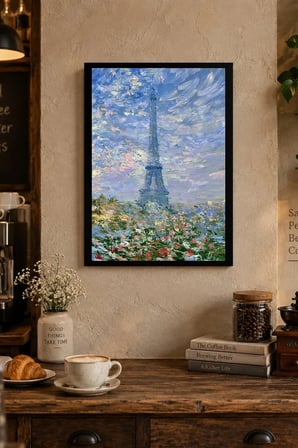 Kule ve Pastel Bahçe Manzarası Desenli Dekoratif MDF Tablo, Çerçeve Görünümlü Ahşap Poster