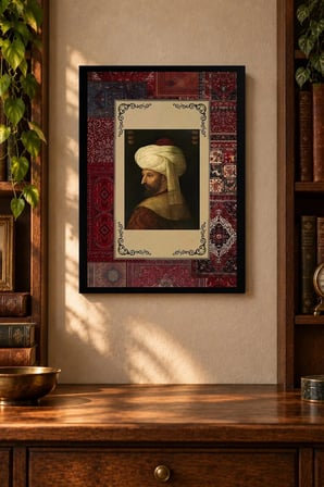 Türbanlı Profil Figürü ve Desenli Bordür Desenli Dekoratif MDF Tablo, Çerçeve Görünümlü Ahşap Poster