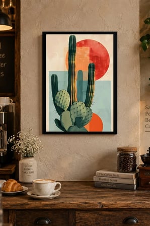 Geometrik Dikenli Bitki Desenli Dekoratif MDF Tablo, Çerçeve Görünümlü Ahşap Poster
