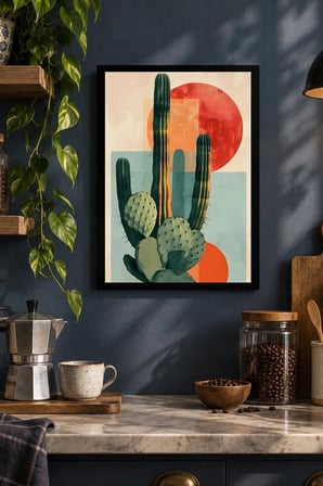 Geometrik Dikenli Bitki Desenli Dekoratif MDF Tablo, Çerçeve Görünümlü Ahşap Poster