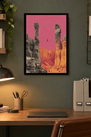 Pembe Gökyüzünde Renkli Kanyon Desenli Dekoratif MDF Tablo, Çerçeve Görünümlü Ahşap Poster