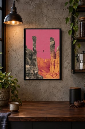 Pembe Gökyüzünde Renkli Kanyon Desenli Dekoratif MDF Tablo, Çerçeve Görünümlü Ahşap Poster