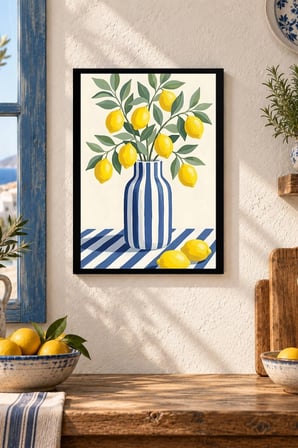 Limonlu Mavi Çizgili Vazo Desenli Dekoratif MDF Tablo, Çerçeve Görünümlü Ahşap Poster
