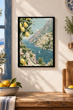 Limon Dallı Kıyı Manzarası Desenli Dekoratif MDF Tablo, Çerçeve Görünümlü Ahşap Poster