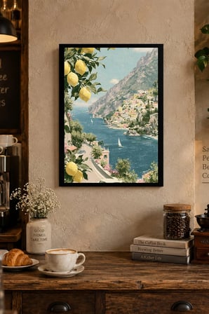 Limon Dallı Kıyı Manzarası Desenli Dekoratif MDF Tablo, Çerçeve Görünümlü Ahşap Poster