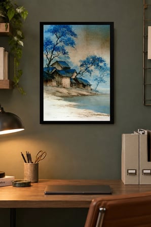 Mavi Ağaçlı Su Kenarı Köyü Desenli Dekoratif MDF Tablo, Çerçeve Görünümlü Ahşap Poster