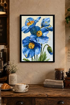 Mavi Büyük Çiçekler Desenli Dekoratif MDF Tablo, Çerçeve Görünümlü Ahşap Poster