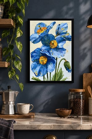 Mavi Büyük Çiçekler Desenli Dekoratif MDF Tablo, Çerçeve Görünümlü Ahşap Poster